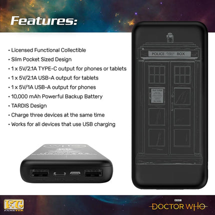 Doctor Who 10,000mAh Triple Charging Power Bank with TARDIS Design