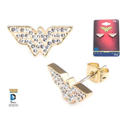 Wonder Woman Logo with Clear Gems Stud Earrings